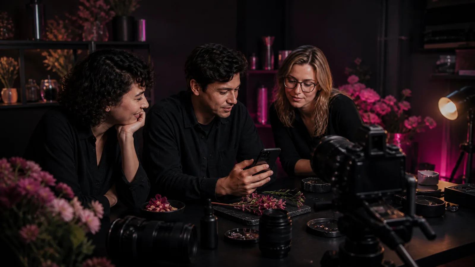 A small business team reviewing freshly shot content together