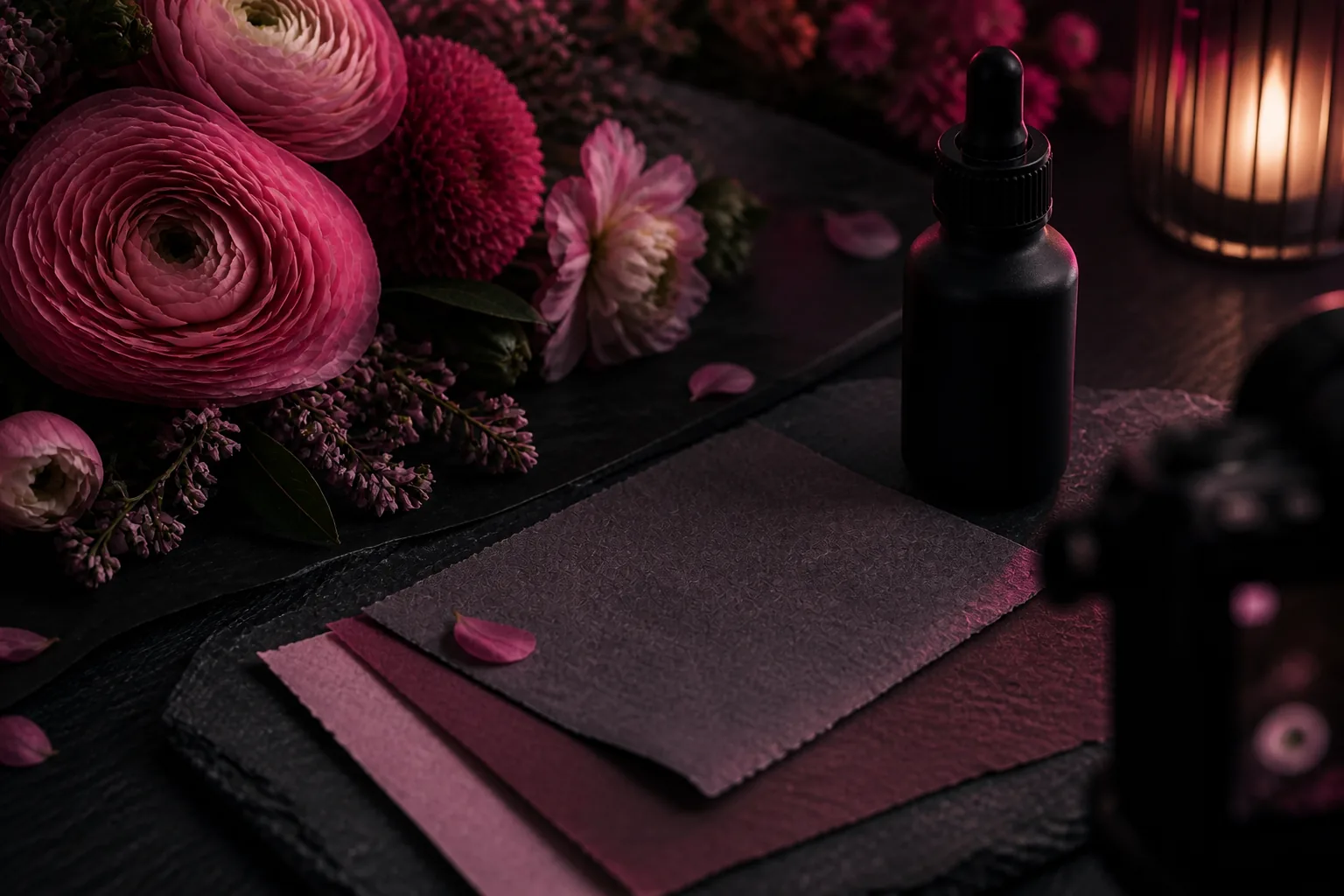 Dark floral product styling with deep pink studio light